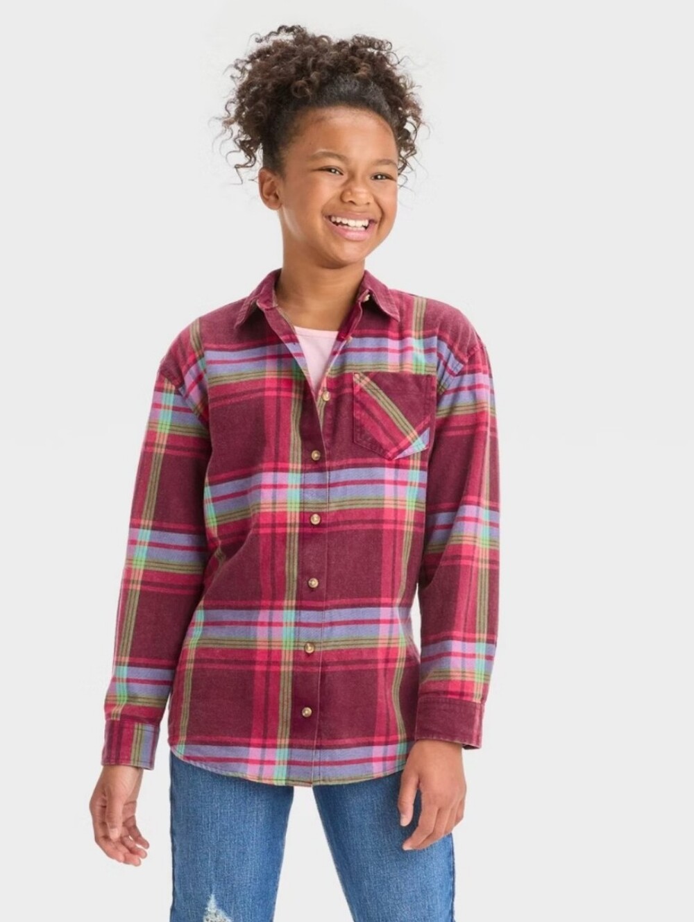 Girls' Oversized Flannel Button-Down Shirt - art class Dark Red Plaid M(8)